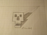 Flat Skull Drawn on Graph Paper with Shadow Leading to Vanishing Point