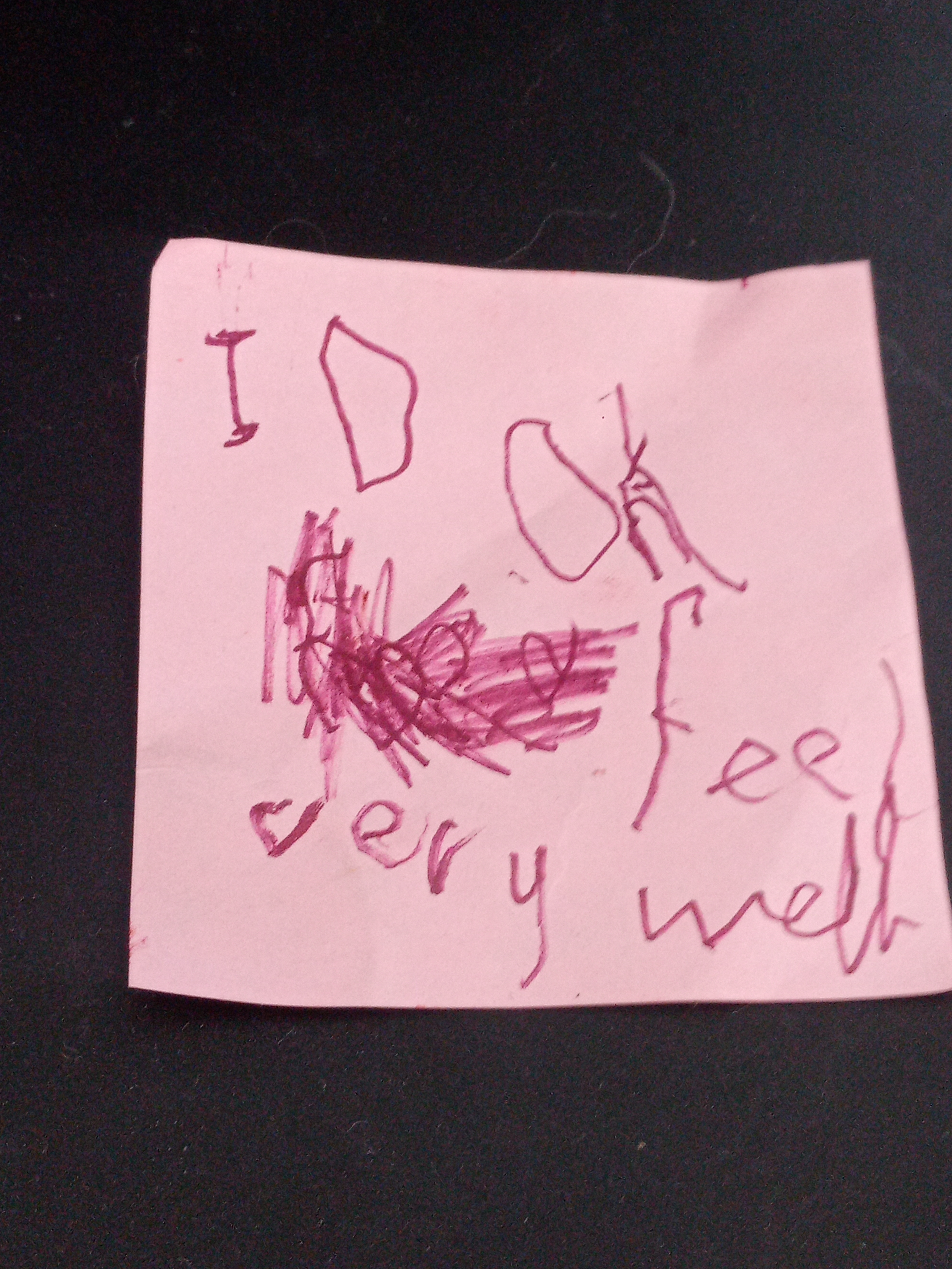Pink Post-It note with text "I don't feel very well"