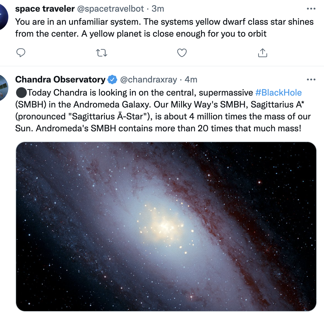 Tweets describing arrival at a solar system followed by an astronomical picture